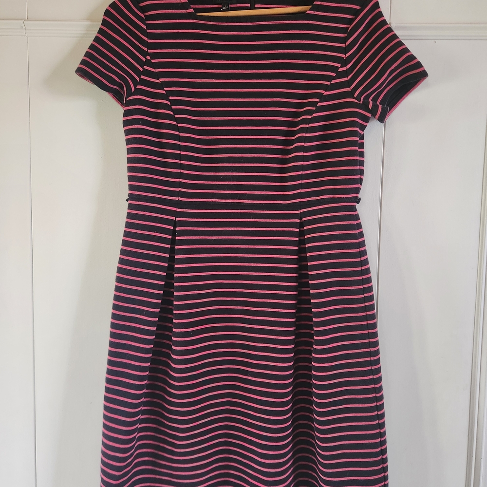 Talbots Black & Pink Striped Short Sleeve A-Line Dress